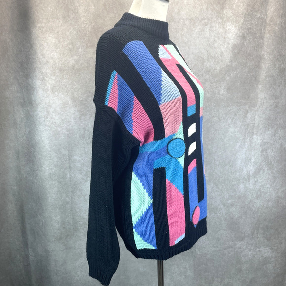 Vtg 80s Currants by Jeri-Jo HOT Bold Spell Out Multi Colored Sweater Retro Small - Picture 2 of 7